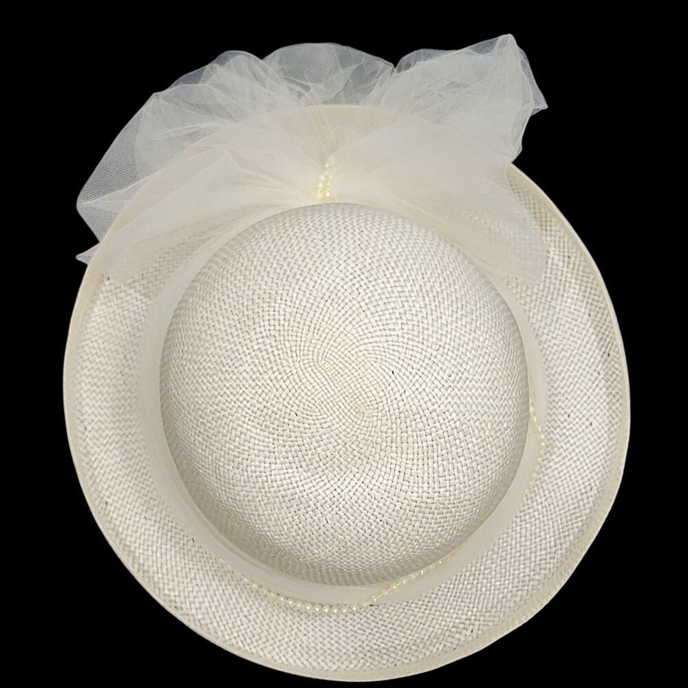 Unbranded Chic Cream Women's Elegant Straw Hat W/ Faux Pearls, Mesh & Bow NWOT - Picture 8 of 10